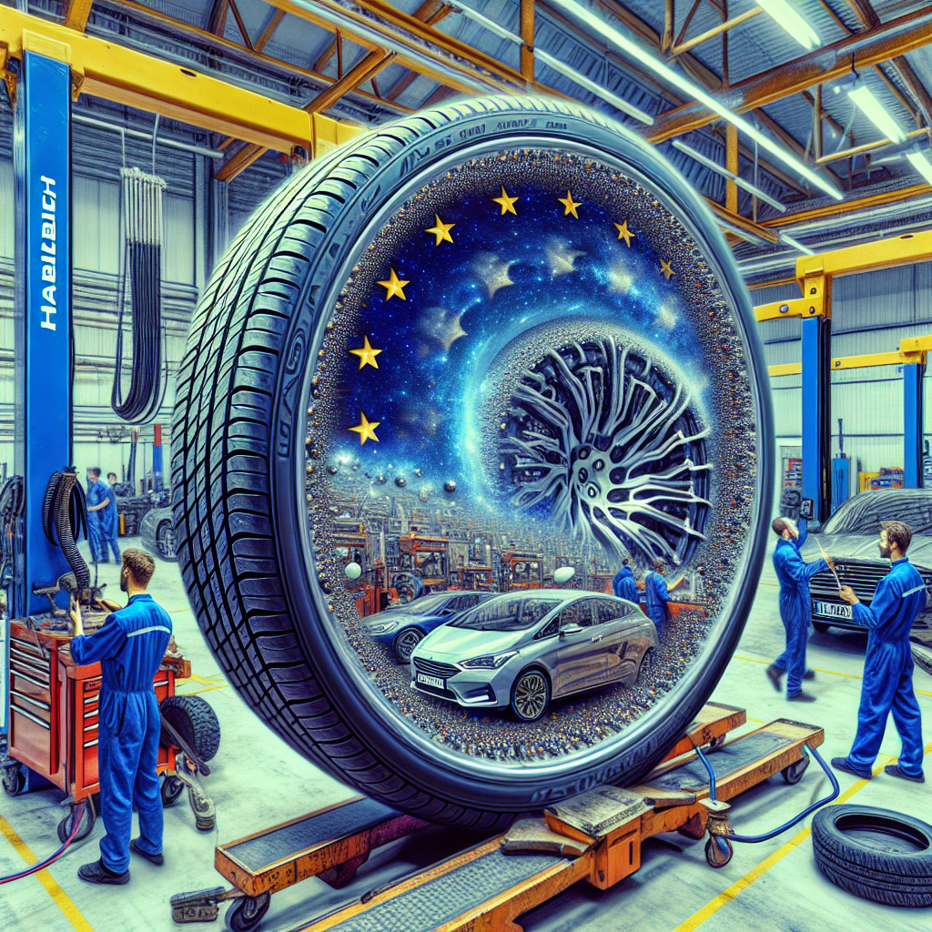 Imaginea unui anvelopa Habilead pe fundalul unei ateliere auto, cu mecanici care lucreaza la automobile. Aspectul oamenilor este de tip european, calitate inalta a imaginii, greu de deosebit de o fotografie.