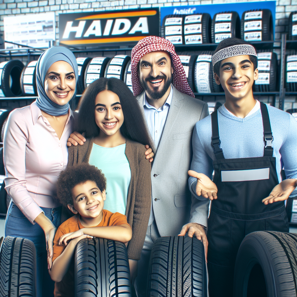 O familie fericita alege anvelope Haida intr-un magazin. In fundal, sunt imprastiate diverse modele de anvelope, iar oamenii par increzatori si multumiti de alegerea lor. Imaginea trebuie sa arate ca o fotografie reala.
