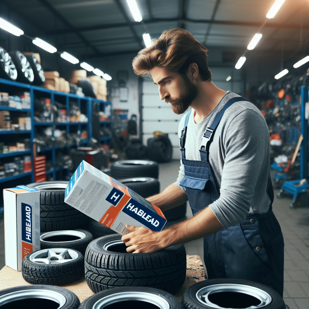 Imaginea unui sofer care alege anvelope Habilead pentru automobilul sau intr-o atelier auto. Aspectul persoanei este de tip european, calitate inalta a imaginii, greu de deosebit de o fotografie.