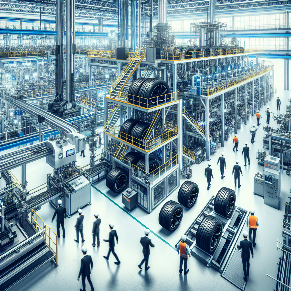 Процесс изготовления шин Gripmax на современном заводе. Изображение демонстрирует высокие технологии и активные моменты работы, окружающая среда выглядит чистой и профессиональной, все работники имеют европейскую внешность.