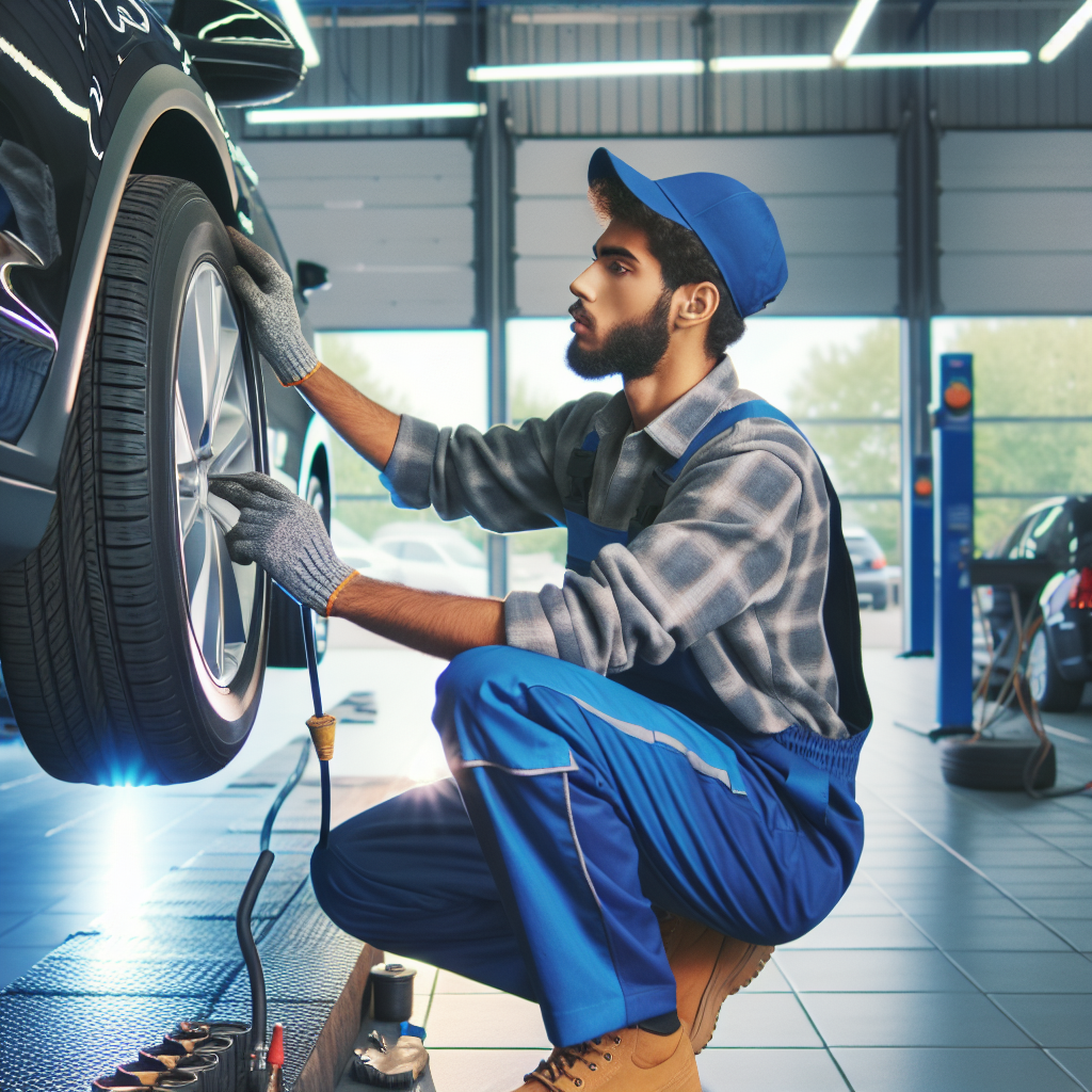 Un mecanic intr-un service auto instaleaza anvelope Haida pe o masina. In jur, pot fi detaliile care subliniaza calitatea si fiabilitatea produsului. Imaginea trebuie sa arate ca o fotografie reala.