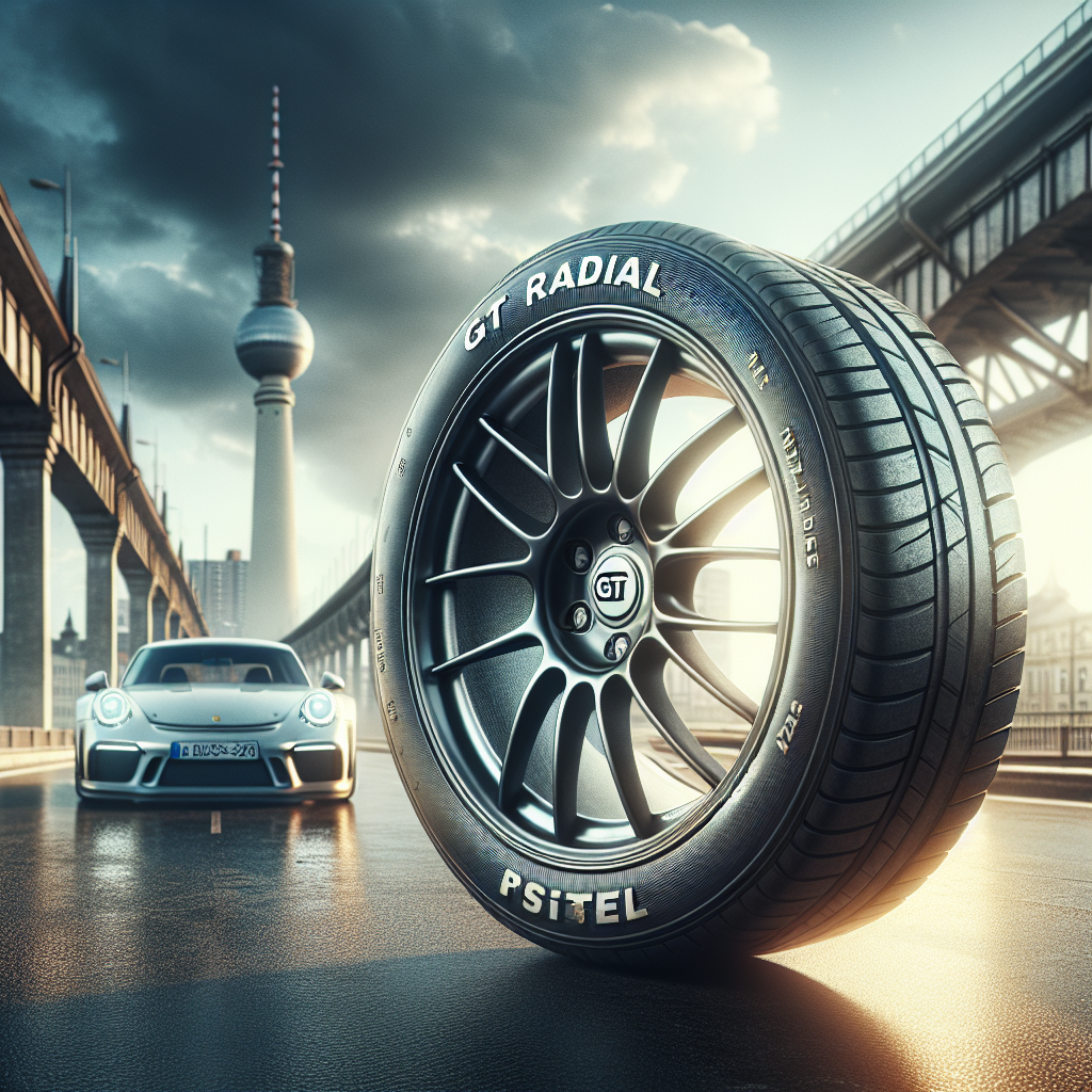 Imagine a unei anvelope GT Radial cu un automobil european pe fundalul unui peisaj urban, texturi si detalii reale ale anvelopelor