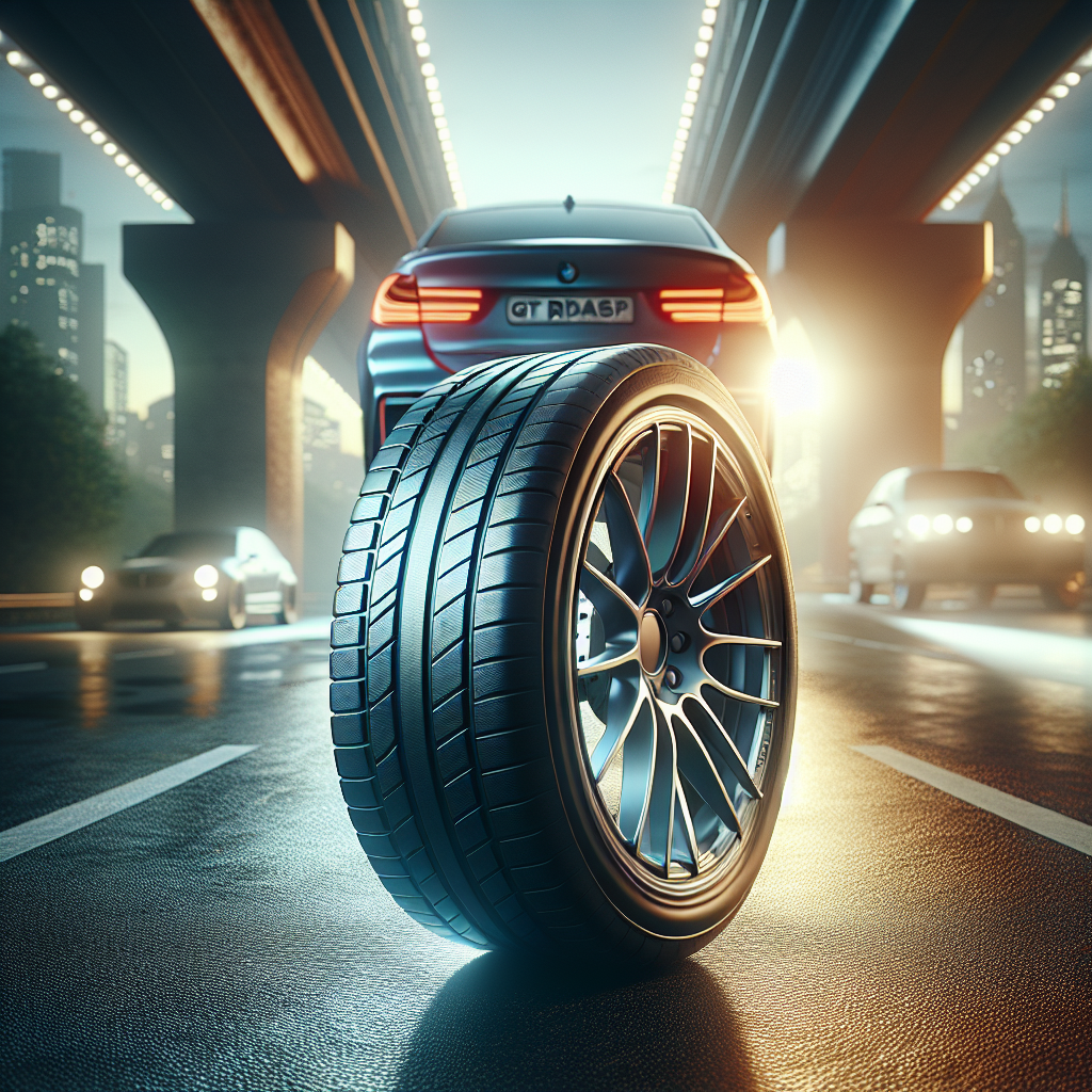 Imagine a unei anvelope GT Radial pe fundalul unei sosele cu un automobil, stil european, iluminare luminoasa, texturi realiste