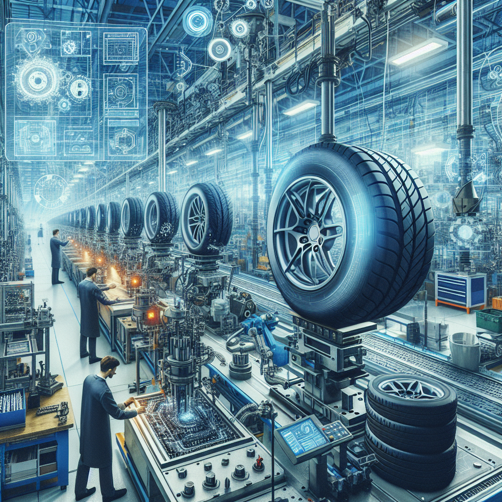 Imaginea procesului de producție al anvelopelor Hilo în China, arătând detalii ale tehnologiei și echipamentului, atmosferă de profesionalism, oameni cu aspect european lucrând pe linia de producție.