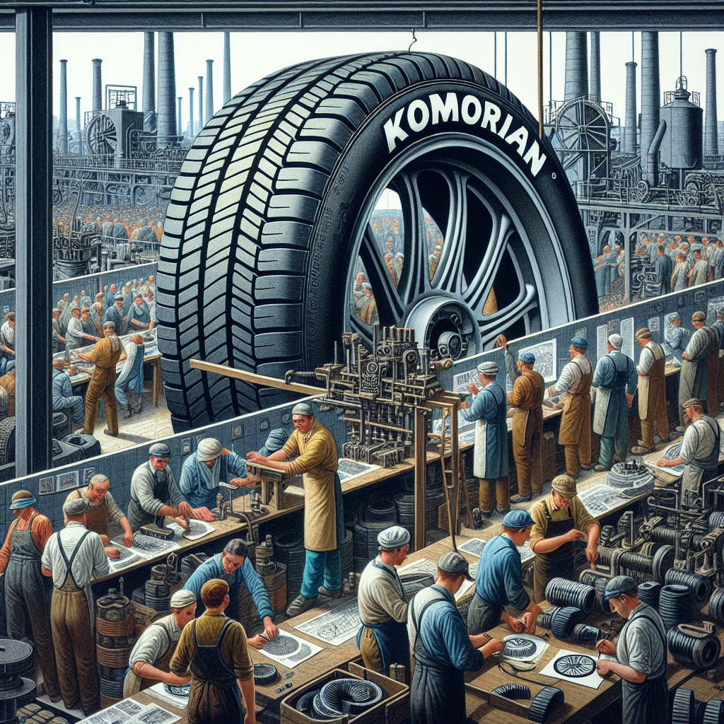 Imagine a unei anvelope Kormoran pe fondul unei fabrici din Polonia, pentru a ilustra procesul de productie. Toate persoanele din imagine ar trebui sa arate de tip european, lucrand pe linia de productie a anvelopelor.
