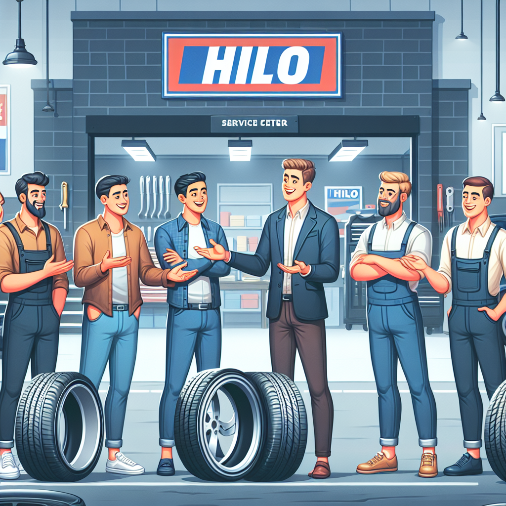 Imaginea unui grup de proprietari de mașini mulțumiți lângă un service auto, discutând despre anvelopele Hilo, nivel înalt de detaliu, atmosferă de comunicare pozitivă, oameni cu aspect european arătând anvelopele Hilo.
