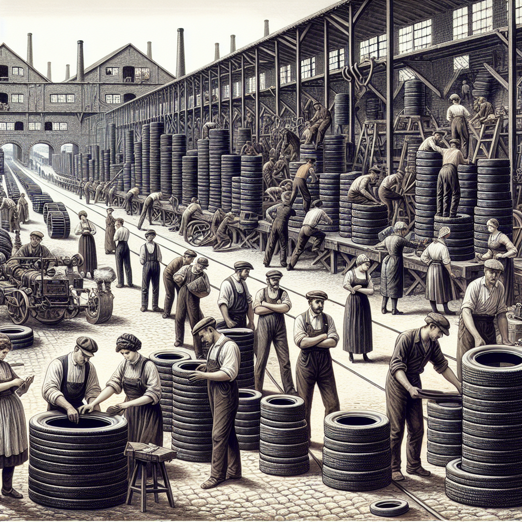 Imagine a fabricii Kormoran din Polonia cu muncitori in fundal si anvelope pregatite pentru expediere. Toate persoanele din imagine ar trebui sa arate de tip european, lucrand pe linia de productie a anvelopelor.