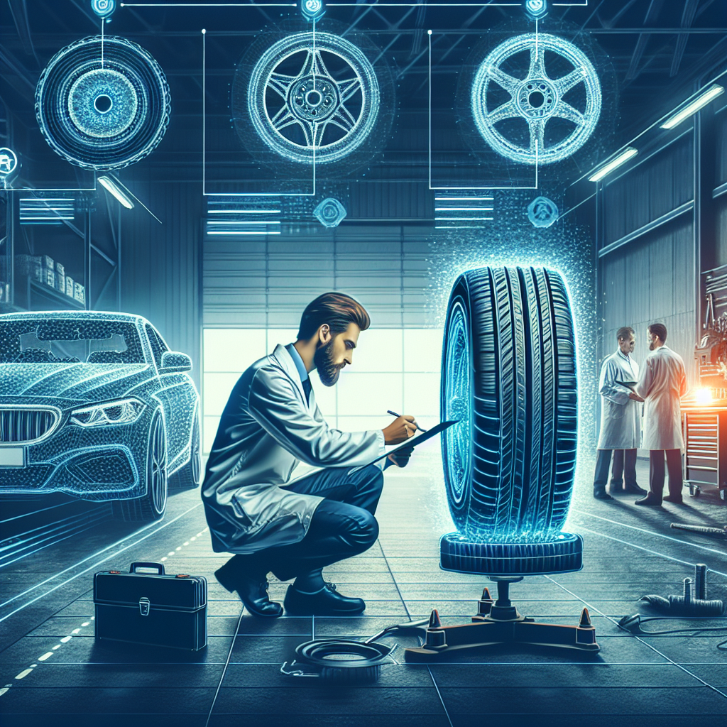 Imaginea procesului de schimbare a anvelopelor într-un service auto, arătând cum un specialist inspectează și înlocuiește anvelopele Hilo, atmosferă de profesionalism, oameni cu aspect european lucrând în service.