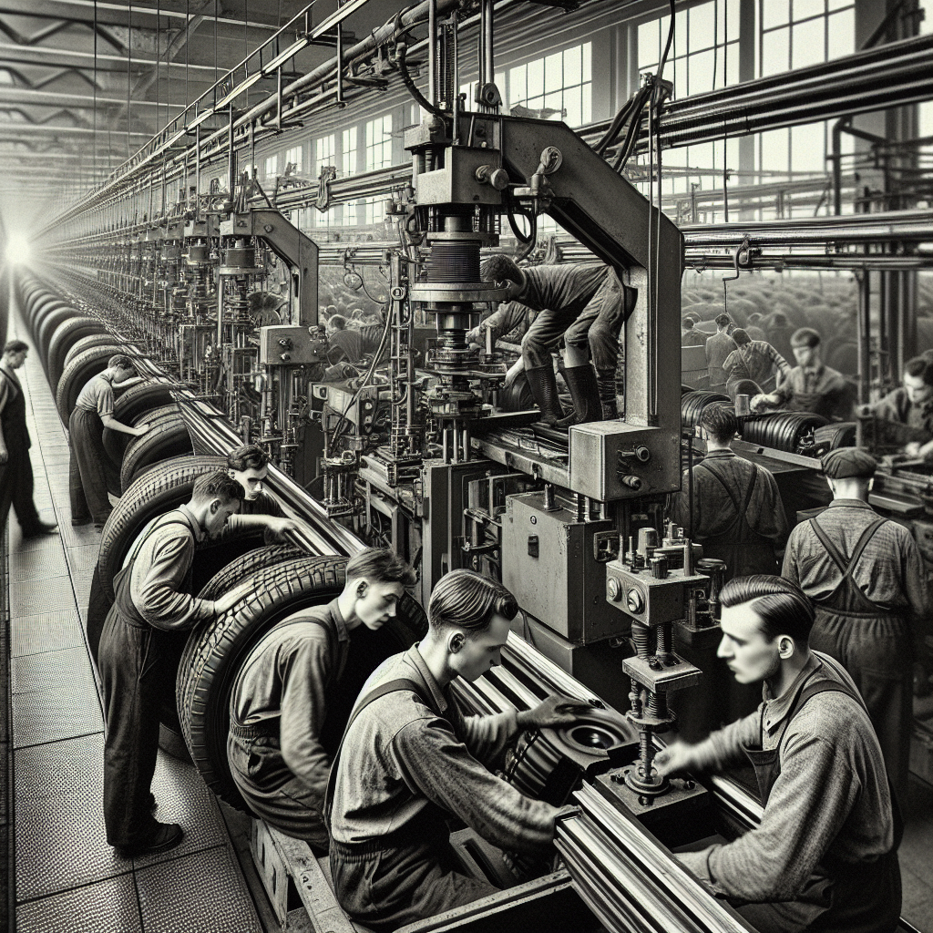 Imagine a muncitorilor de la fabrica Kormoran din Polonia, unde se produc anvelope, inclusiv echipamente si procesul de verificare a calitatii. Toate persoanele din imagine ar trebui sa arate de tip european, lucrand pe linia de productie a anvelopelor.