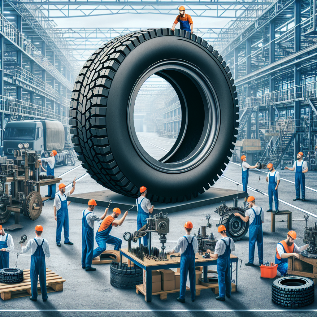Imagine a unei anvelope Kormoran pe fondul unei fabrici poloneze cu muncitori, ilustrand procesul de productie. Toate persoanele din imagine ar trebui sa arate de tip european.
