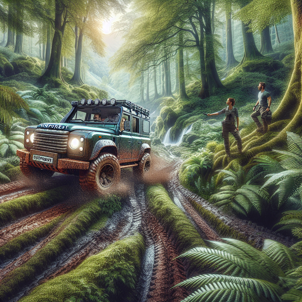 Imagine hiper-realistica a unei masini cu anvelope Kinforest aflata pe un traseu off-road, inconjurata de vegetatie abundenta si copaci, cu oameni in imagine avand trasaturi europene.