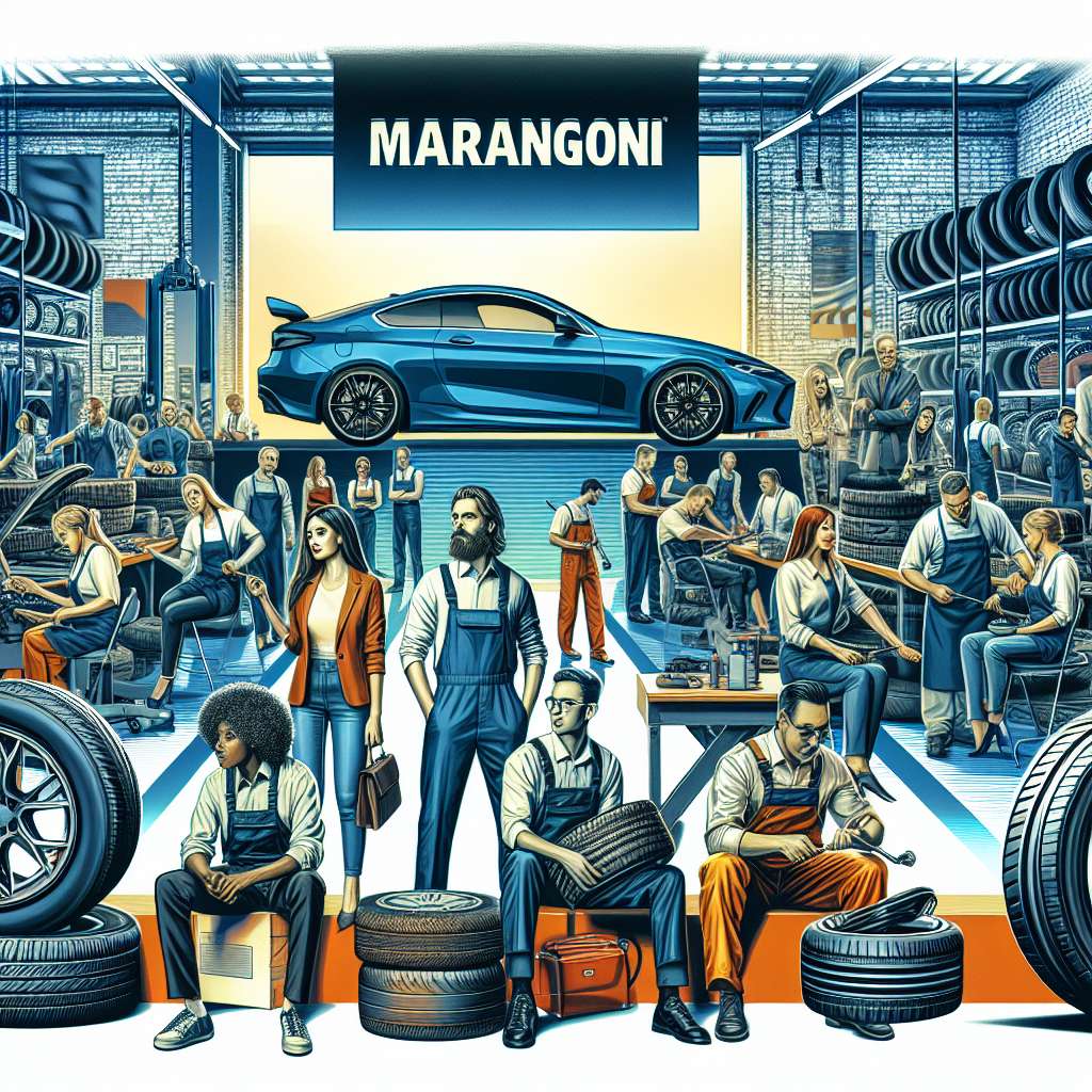 На изображении шины Marangoni, расположенные на фоне автосервиса, где клиенты и мастера работают с автомобилями. Все люди имеют европейский тип внешности.