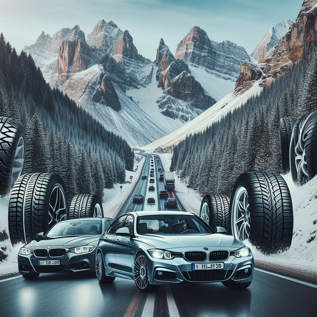 Imagine cu anvelope Lassa pe fundalul unei drumuri montane, unde diferite automobile (de tip european) folosesc aceste anvelope in conditii variate - atat pe zapada, cat si pe vreme calda. Totul arata ca o fotografie reala.