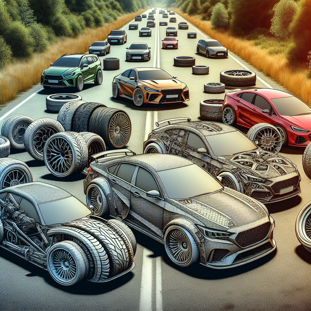 Imagine cu diverse modele de anvelope Lassa pe fundalul unei drumuri pitoresti. Toate automobilele ar trebui sa aiba un aspect modern si sa foloseasca activ aceste anvelope. Totul arata ca o fotografie reala.