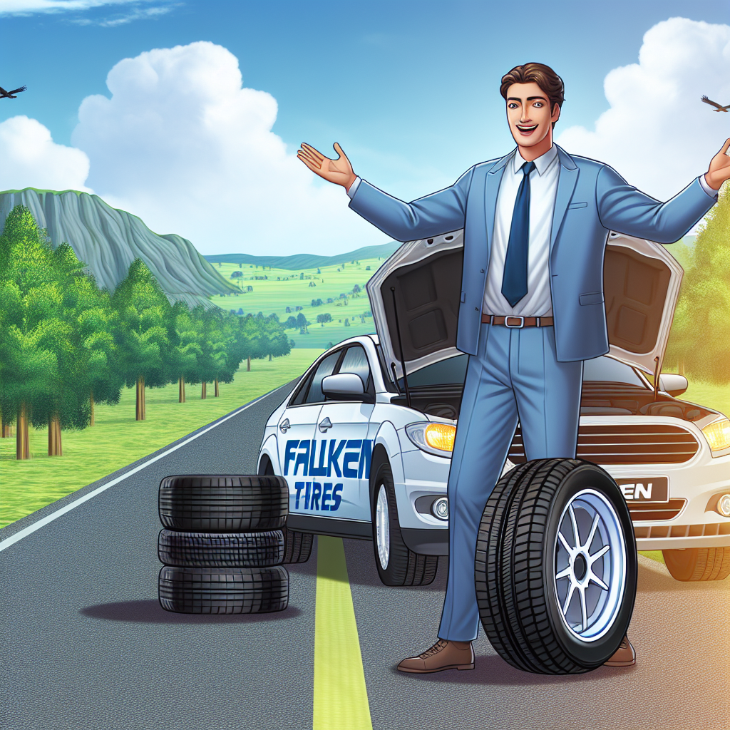 Imaginea unui automobil cu anvelope Falken, stationand pe o sosea intr-un peisaj verde, cu un sofer de tip european zambind si punandu-si mainile pe capota.