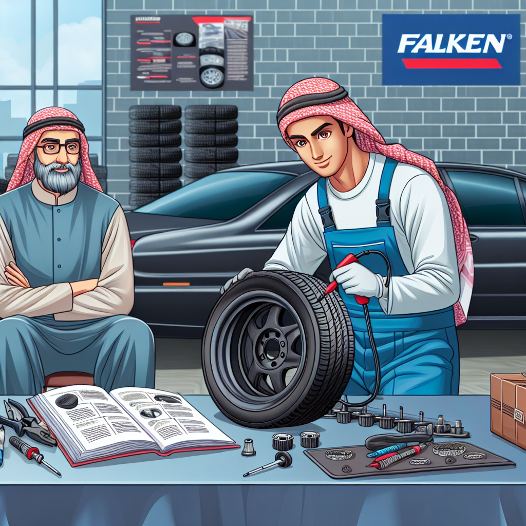 Imaginea unui mecanic care instaleaza anvelope Falken pe un automobil intr-un service auto, cu echipamente profesionale si materiale de cercetare pe masa, alaturi de un client de tip european, multumit, care asteapta finalizarea lucrarii.