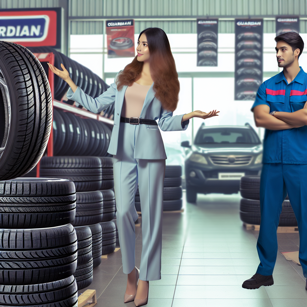 Imagine cu o persoana care alege anvelope Guardian intr-un service auto, cu diverse modele de anvelope vizibile in fundal, prezentand aspectul ca o fotografie.