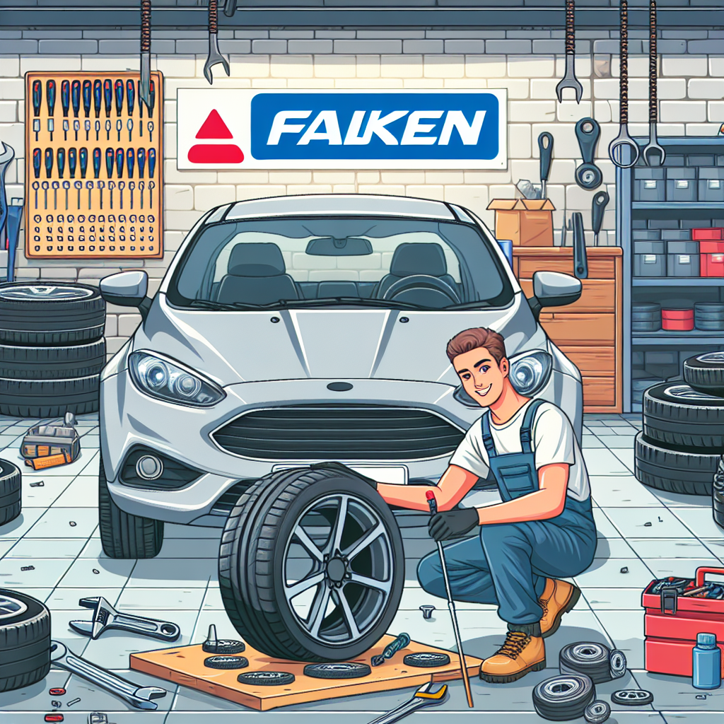 Imaginea unui automobil cu anvelope Falken, aflat intr-un garaj cu unelte si piese de schimb in fundal, si un mecanic european zambitor, care lucreaza la automobil.