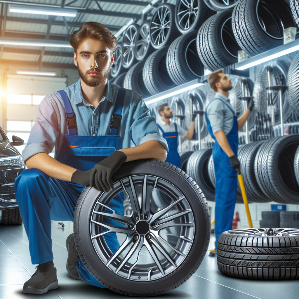 Imagine a anvelopelor de calitate superioara Linglong, asezate pe fundalul unui service auto, cu personal european care se ocupa de reparatia unui automobil.