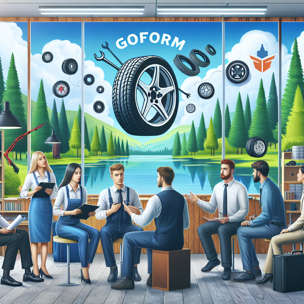 На картине изображены автомобилисты, изучающие мифы о шинах Goform в уютной обстановке автосервиса, расположенного на фоне живописной природы.