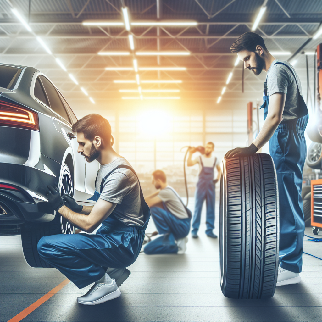 Imagine a unui service auto modern, care arata procesul de montare a unor anvelope noi Linglong pe un automobil, cu mecanici europeni in fundalul activitatilor de lucru.
