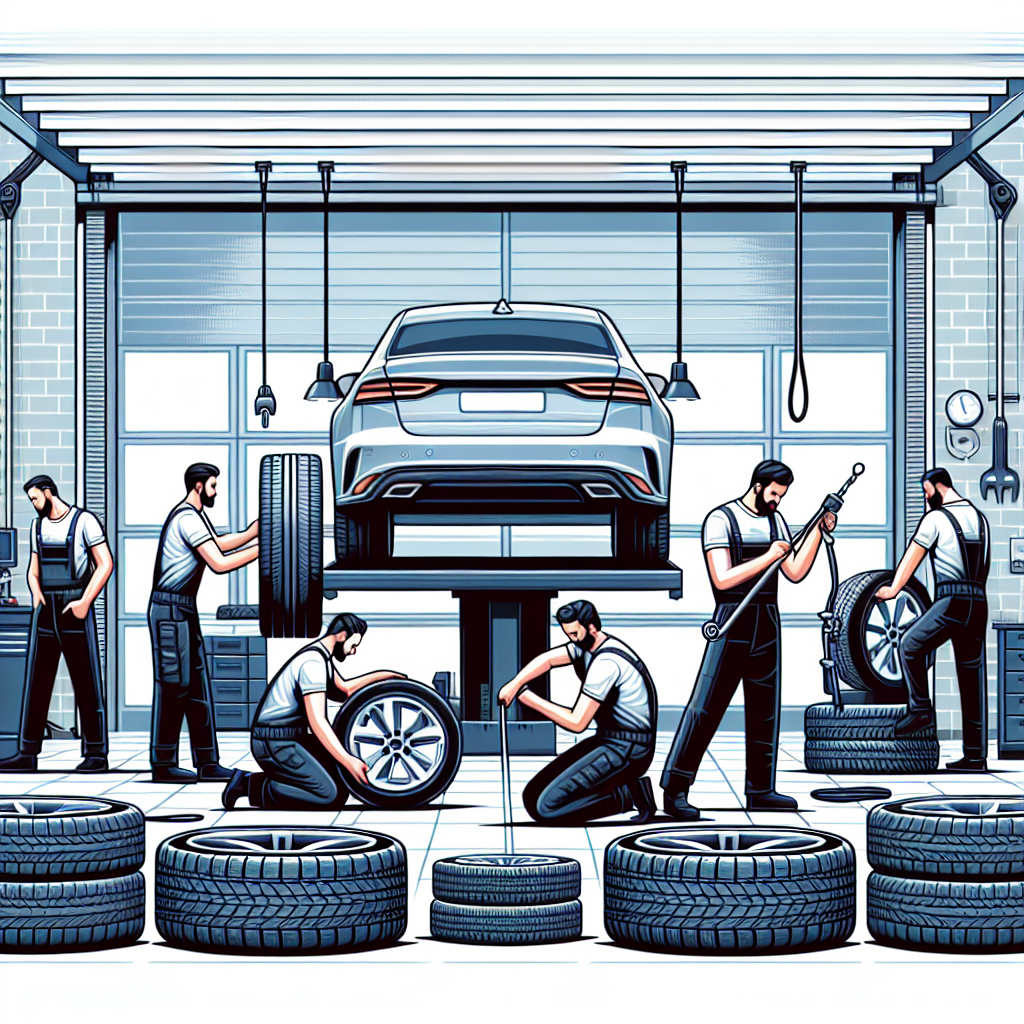 Foto a unui service auto modern, unde se monteaza anvelope Kleber pe un automobil, demonstrand procesul de instalare. Toate persoanele au tipologie europeana.