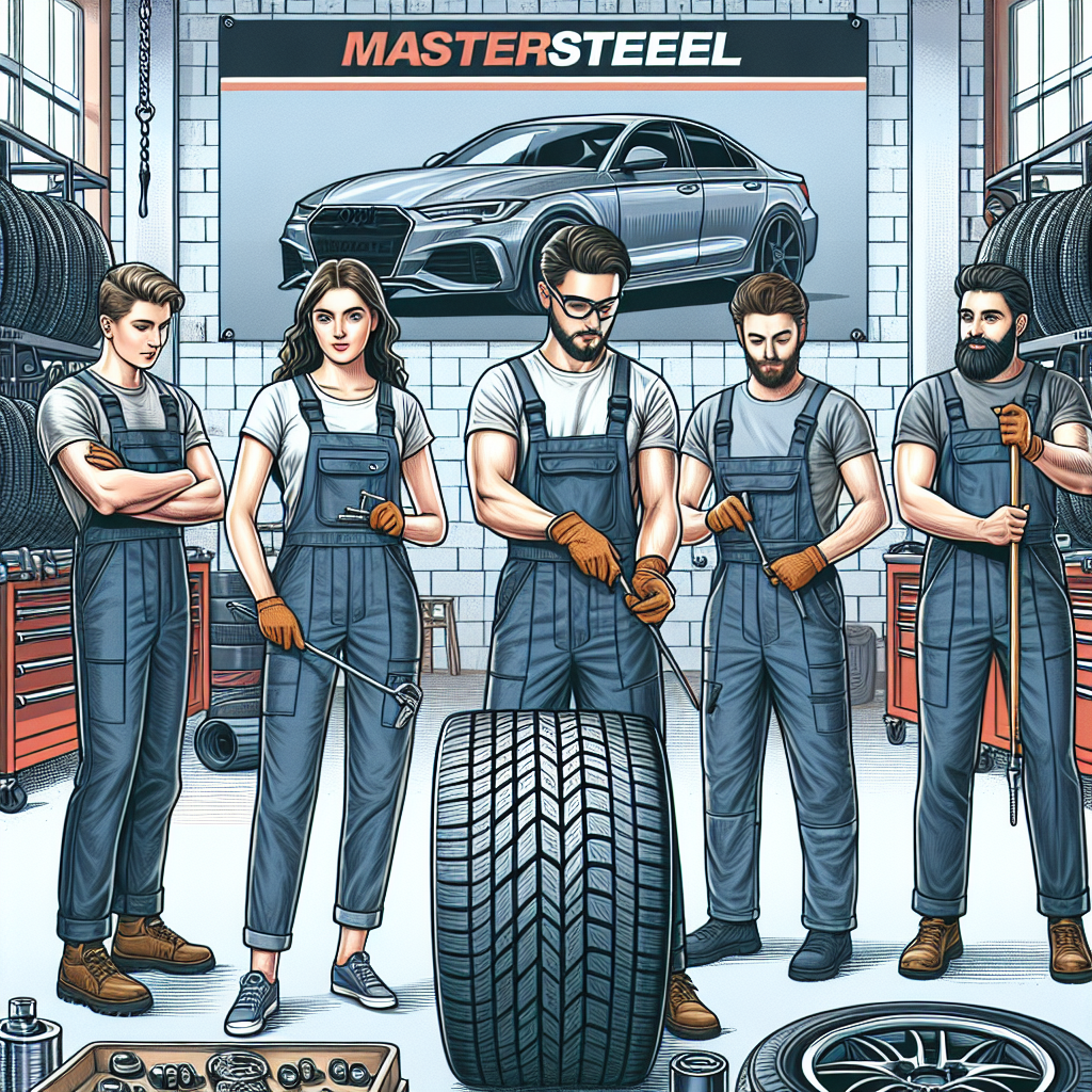 Imagine cu anvelope Mastersteel intr-un atelier auto, cu profesionisti europeni lucrand la o masina.