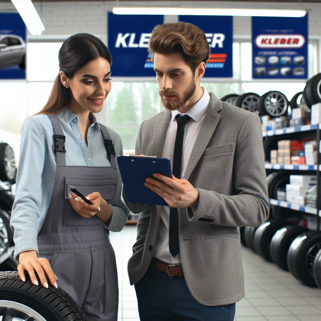 Foto cu un client care alege anvelope Kleber intr-un service auto, cu un consultant care ofera recomandari. Toate persoanele au tipologie europeana.