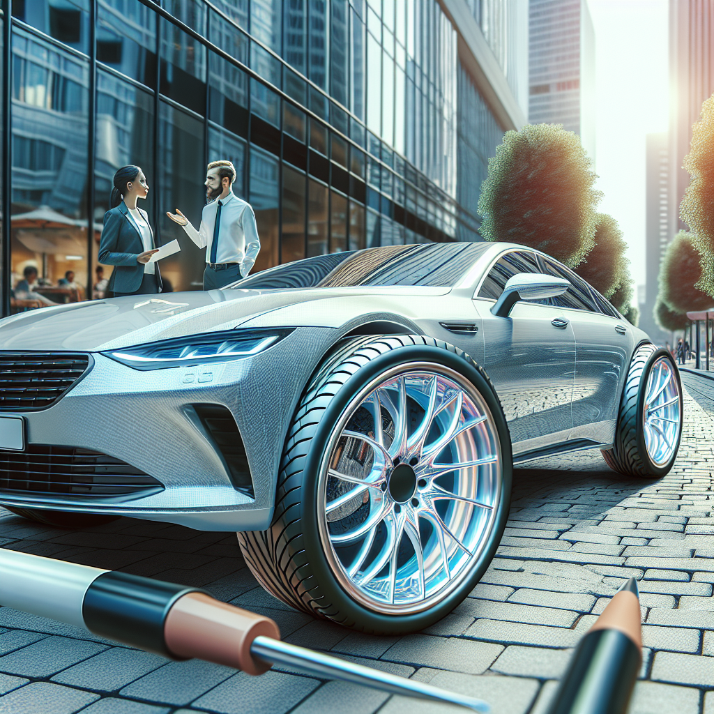 Imagine cu anvelope de inalta calitate pearly montate pe un automobil modern intr-un mediu urban, cu oameni de tip european interactiind cu masina. Imaginea ar trebui sa arate ca o fotografie reala.