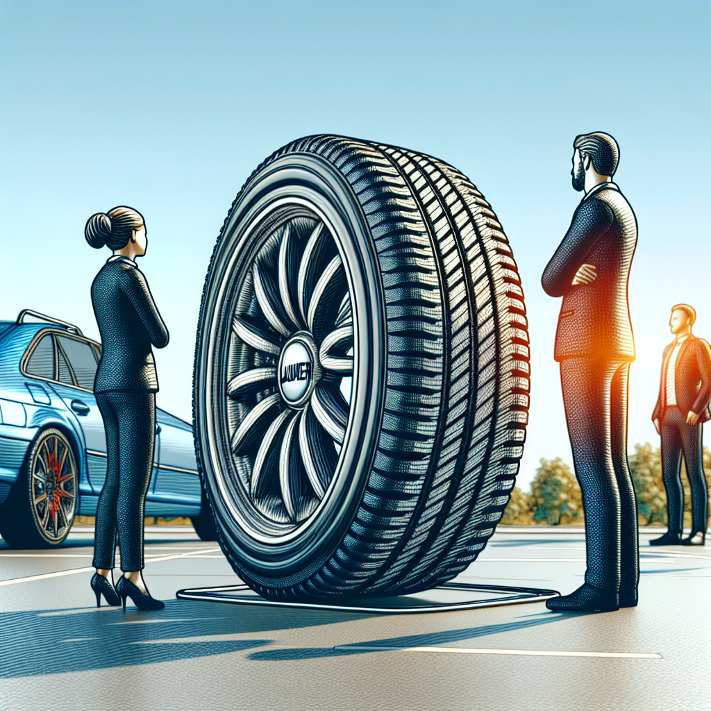 Imaginea unei anvelope Laufenn pe fundalul unui automobil parcat, cu detalii care sugereaza ca este o fotografie luata intr-o zi insorita, in care europenii (barbati si femei) privesc anvelopele si le discuta.