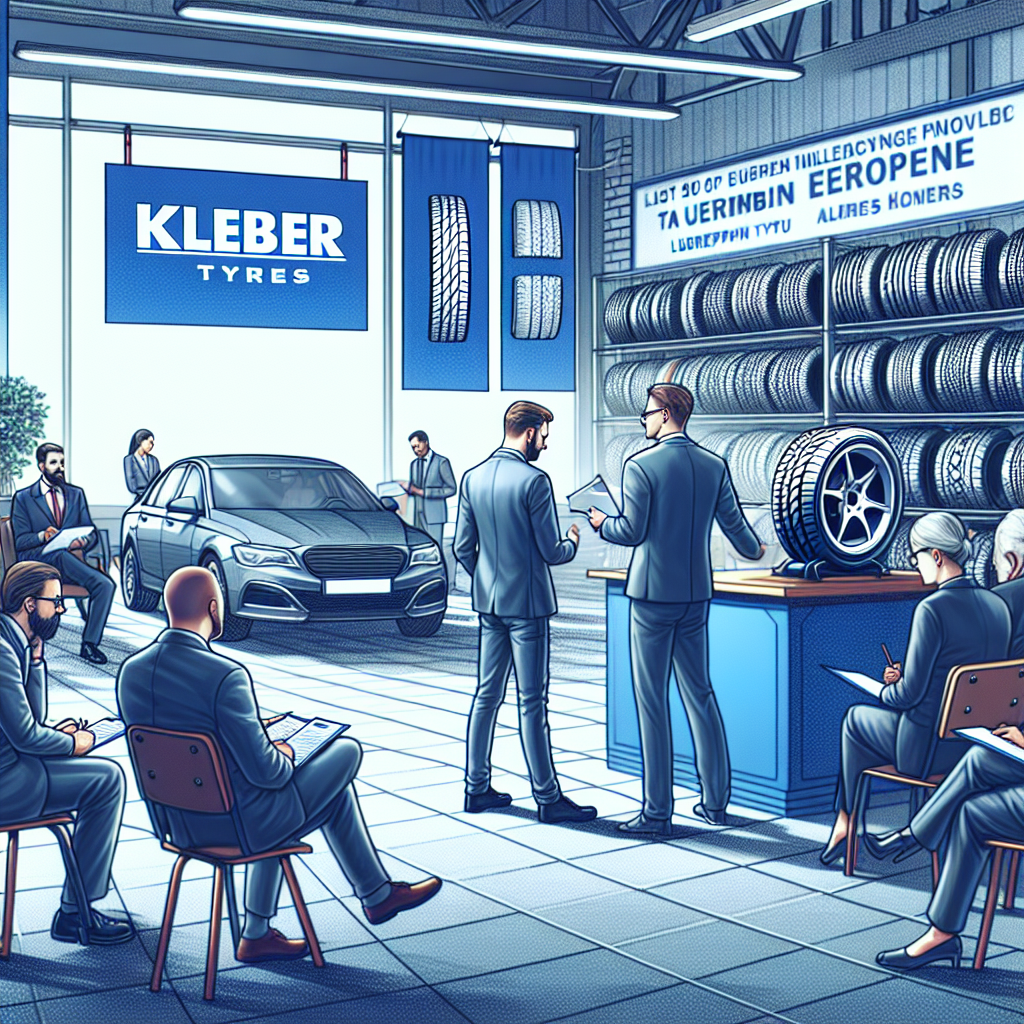 Foto cu procesul de consultare a clientilor despre anvelopele Kleber intr-un service auto, cu discutii active si exemple de modele. Toate persoanele au tipologie europeana.