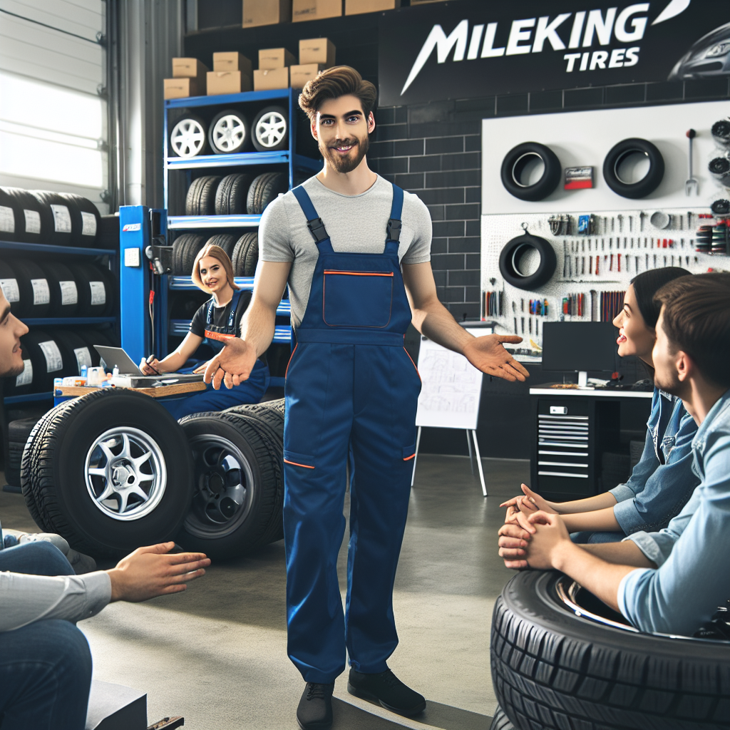 Foto a unui mecanic profesionist, lucrand in service auto, cu anvelope mileking si infatisare europeana. In fundal se vede echipamentul si anvelopele, de asemenea, sunt prezenti clienti care pun intrebari. Toate persoanele arata prietenoase si interesate.