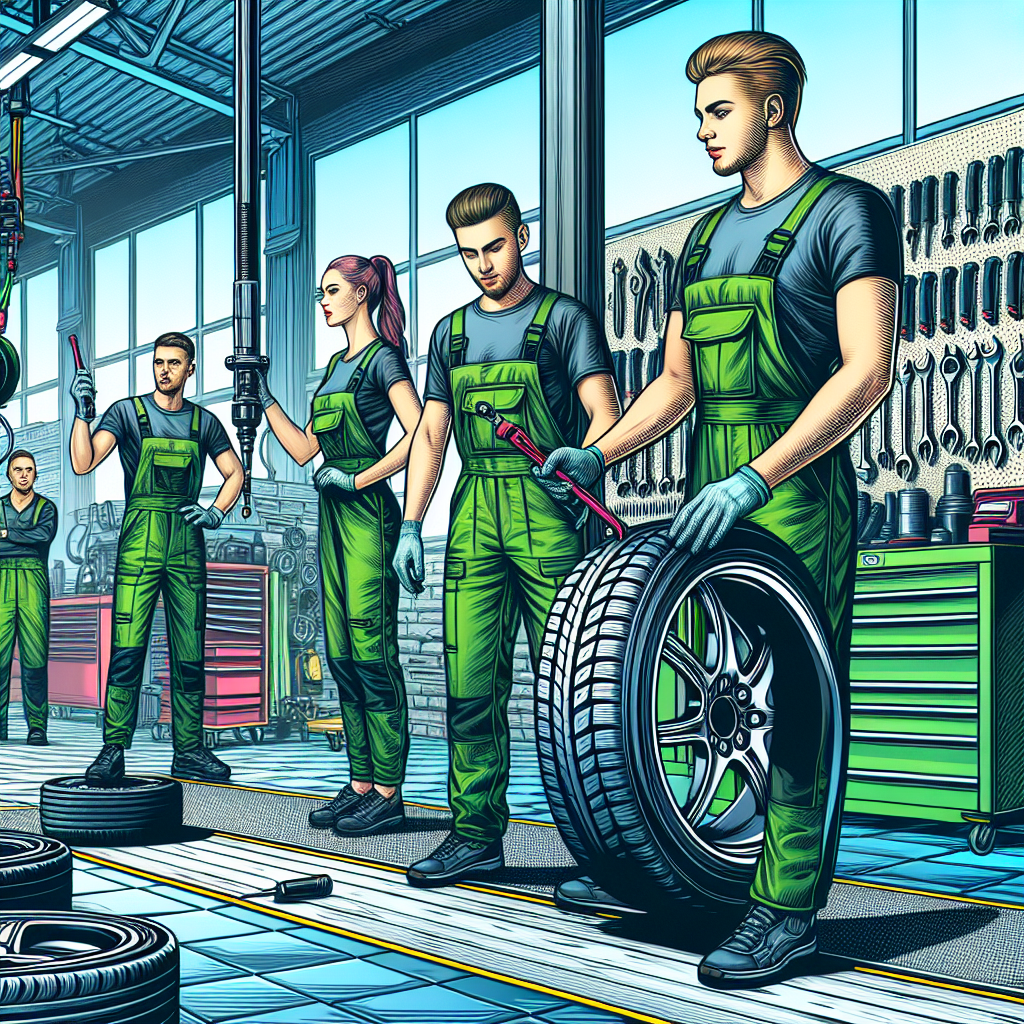 На изображении представлены шины Green Max, размещенные на фоне автосервиса, где профессиональные мастера, имеющие европейскую внешность, выполняют установку шин.
