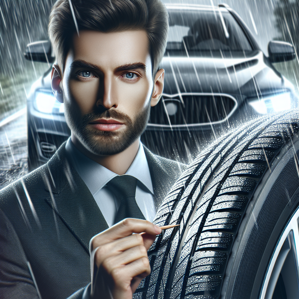 Imagine cu un sofer increzator, folosind un automobil cu anvelope pearly in timpul ploii. Imaginea ar trebui sa arate ca o fotografie reala, cu vizibilitate a imbunatatirii aderentei pe drum si a sigurantei. Oameni de tip european sunt prezenti.