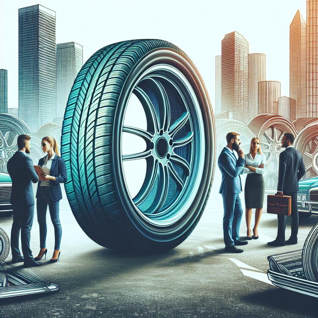 Imagine a unei anvelope BFGoodrich pe fundalul unui peisaj urban, cu oameni de tip european discutand despre automobile si examinandu-se cu atentie anvelopele.