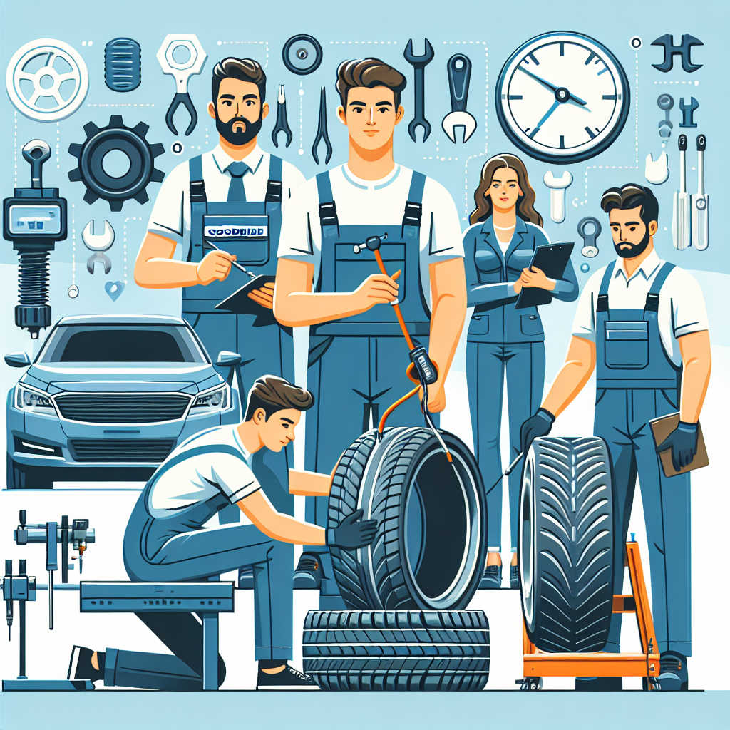 Imagine care arata montarea anvelopelor Goodride pe un automobil in autoserivici, cu mecanici si echipamente in actiune, subliniind profesionalismul si grija pentru clienti.