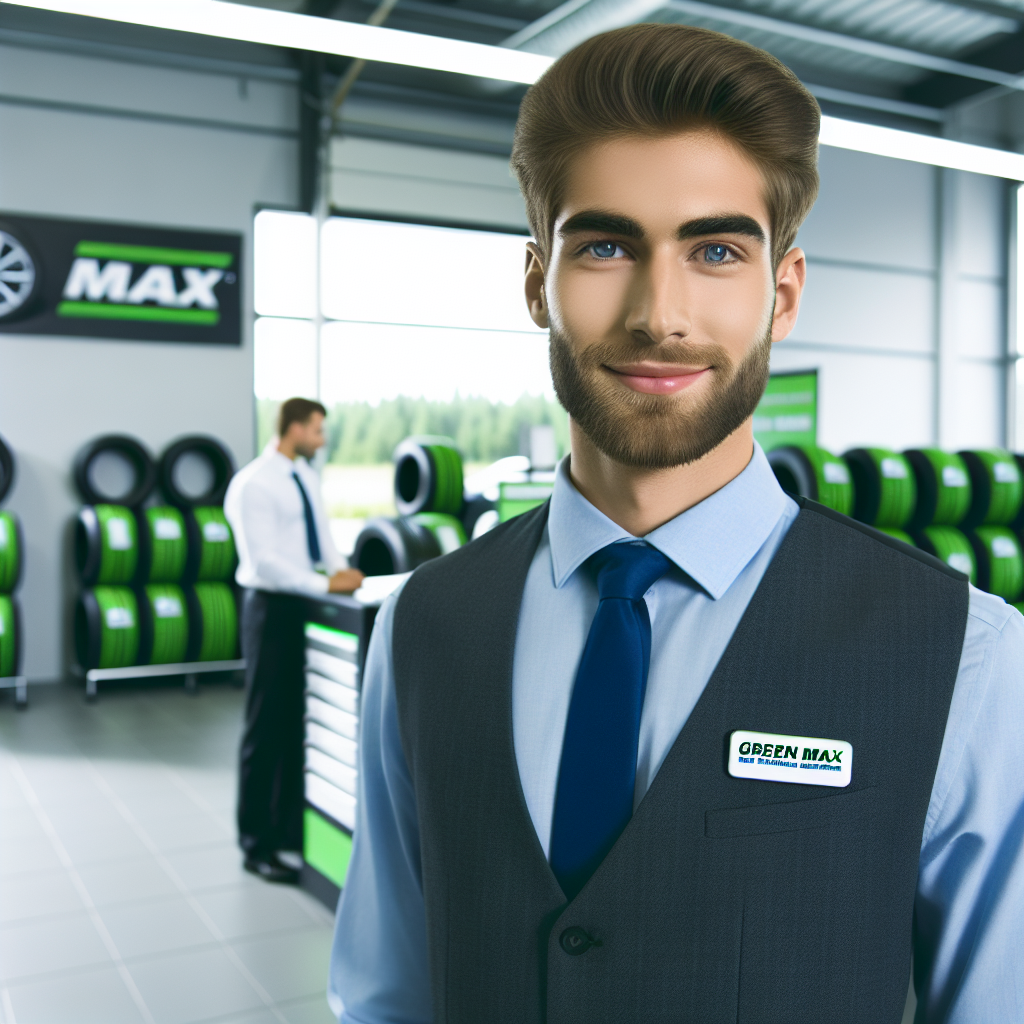 Изображение показывает шины Green Max, выставленные в магазине, на фоне консультанта с европейской внешностью, готового помочь клиентам.