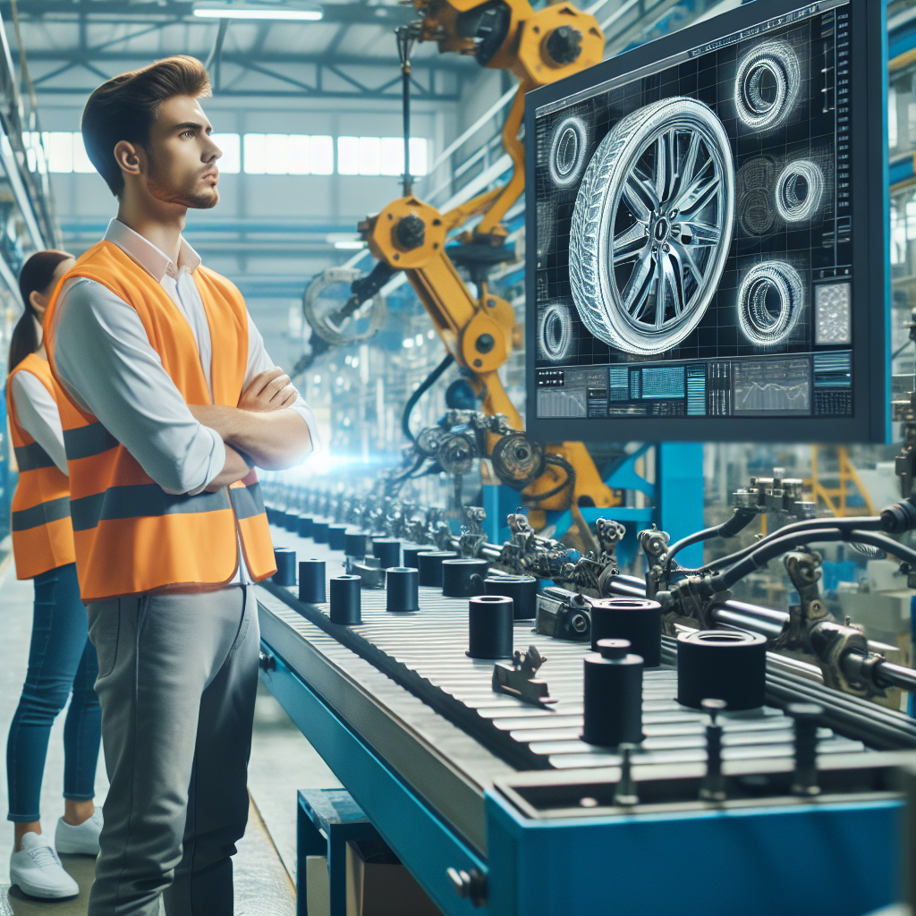Imagine a unei fabrici de anvelope BFGoodrich, aratand tehnologii moderne si echipamente, cu muncitori de tip european care supravegheaza procesul.