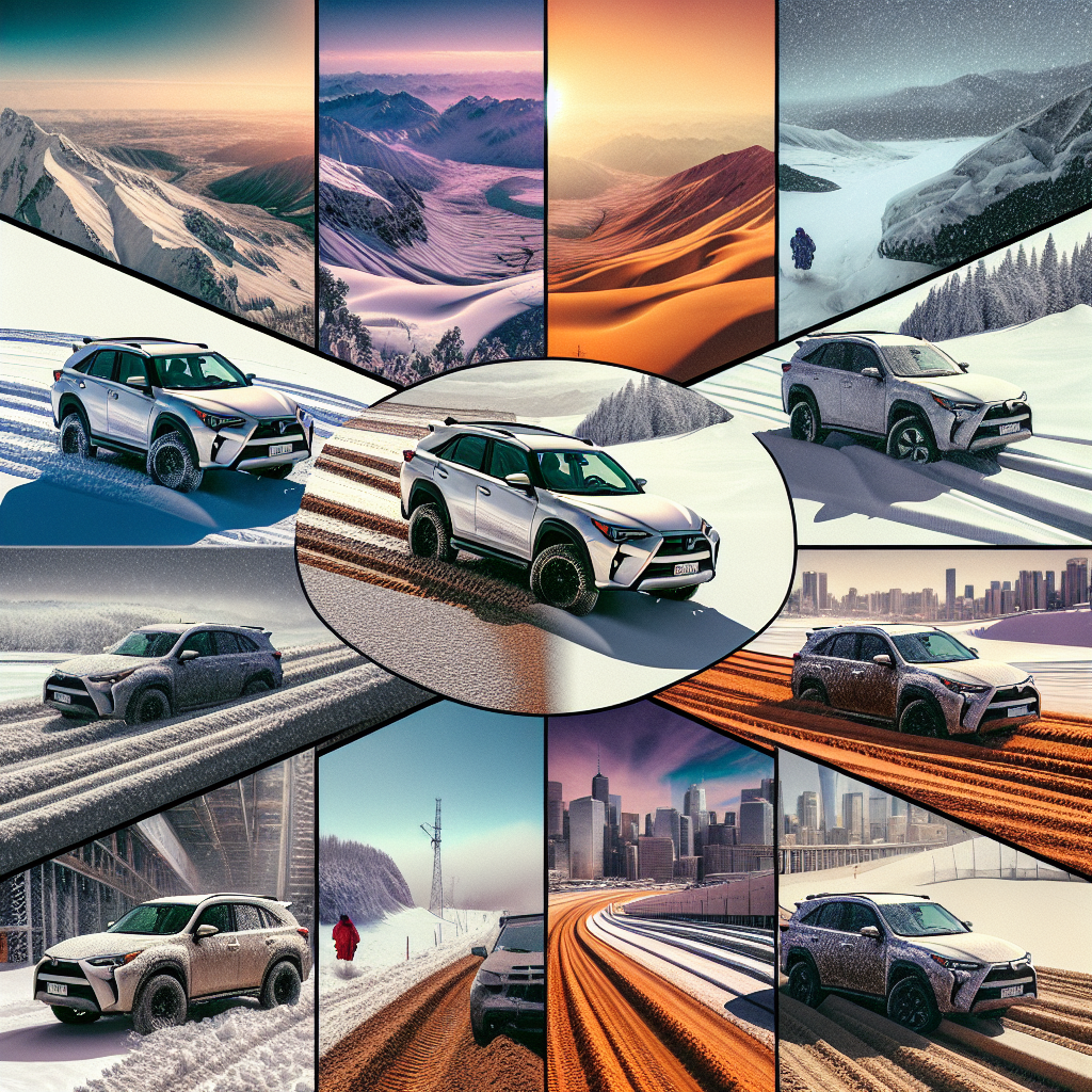 Imagine cu diverse conditii de utilizare a anvelopelor pearly pe un automobil: zapada, nisip si asfalt urban. In fotografie ar trebui sa fie masini expuse pe fundaluri variate de peisaje naturale si urbane. Imaginea ar trebui sa arate ca o fotografie reala.