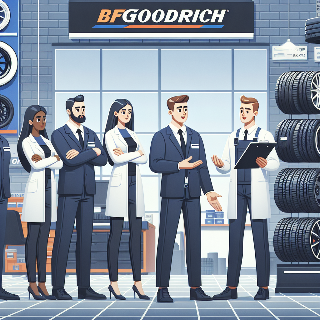 Imagine a unui service auto, unde specialistii consiliaza un client cu privire la alegerea anvelopelor BFGoodrich, cu diferite modele de anvelope expuse pe standuri.