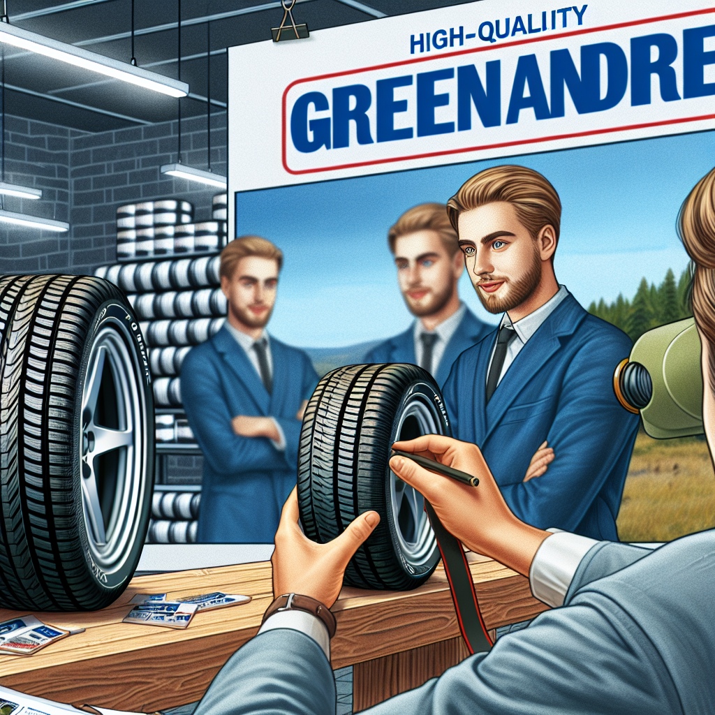 Imagine cu anvelope Grenlander in magazin, accent pe calitatea ridicata si branding, clienti europeni examinandu-le.