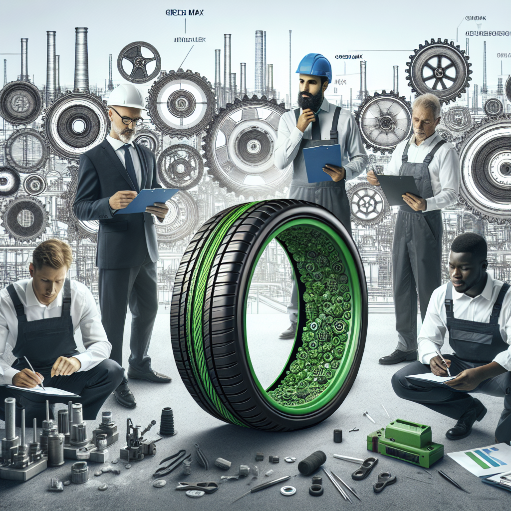 Изображение демонстрирует инновационные шины Green Max на фоне современного завода, где специалисты с европейской внешностью работают над новым продуктом.