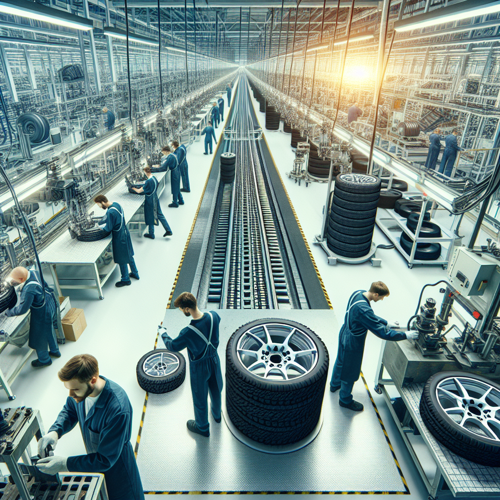 Imagine care arata o linie de productie pentru anvelope Maxxis, cu muncitori europeni verificand calitatea si asambland anvelopele, intr-un mediu luminos si de inalta calitate.