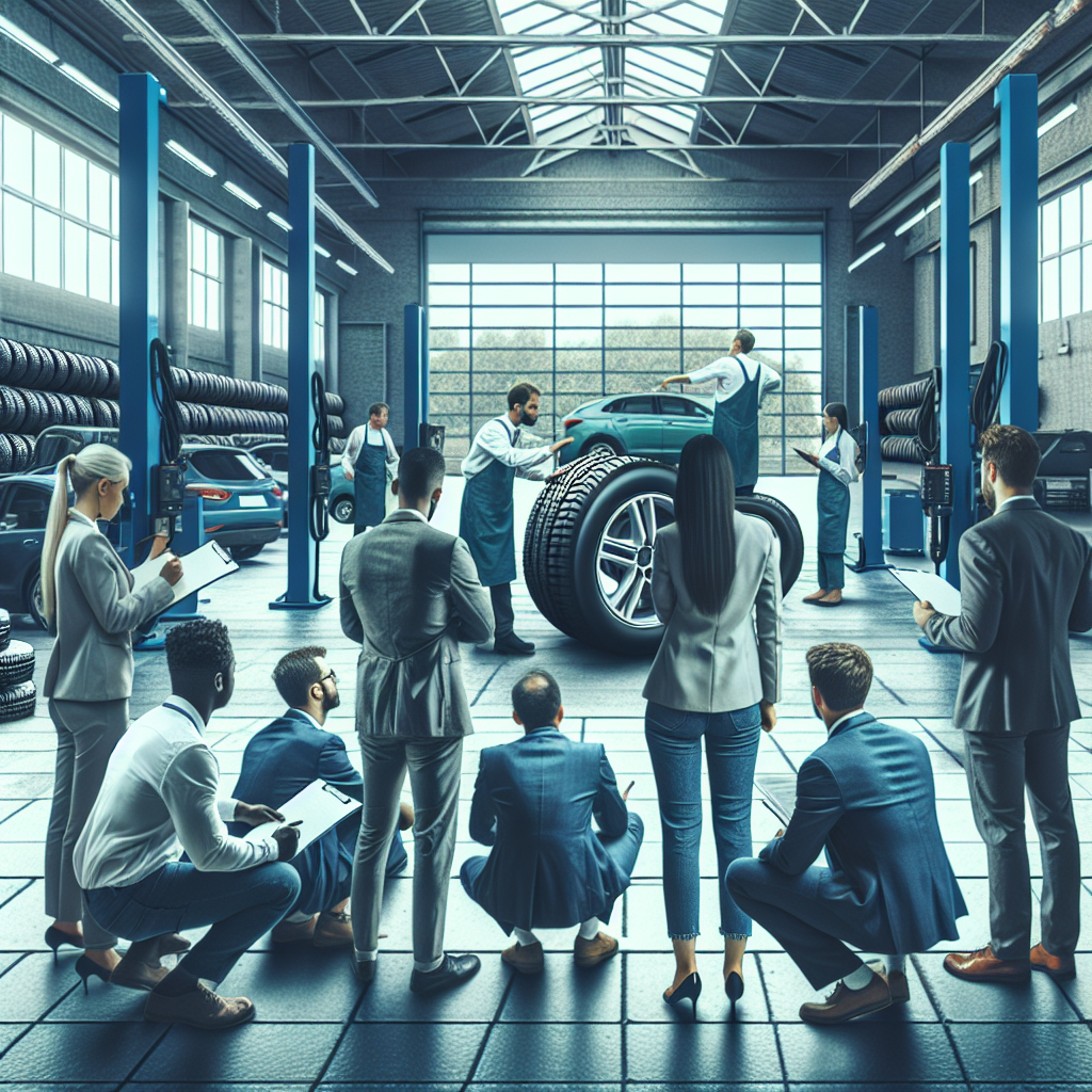 Imagine cu specialisti intr-un service auto, verificand pneurile Greentrac pentru adancimea profilului si inspectand pentru daune, in stilul unei fotografii din viata reala, toata lumea avand aspect european.