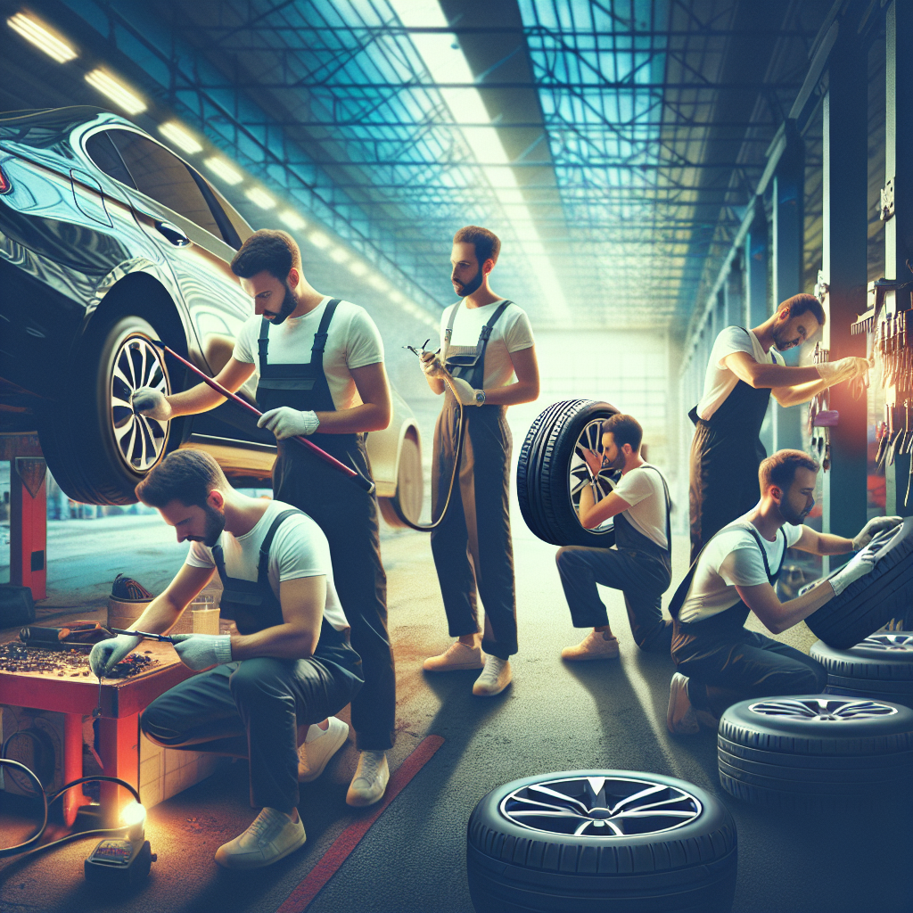 O imagine cu oameni care instaleaza anvelope Onyx pe o masina in atelier auto, avand aspect de foto, iar toti oamenii avand un tip european de aspect.