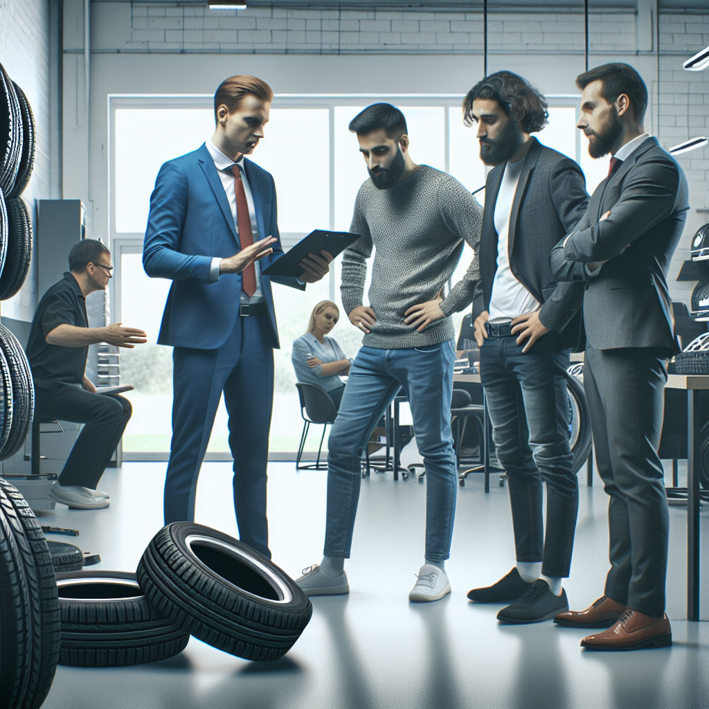 Imaginea unui service auto modern Casa Auto, unde clientii aleg anvelope Long March, discutand caracteristicile acestora cu managerii, precum si detalii despre montajul anvelopelor. Toate persoanele din imagine au aspect european.