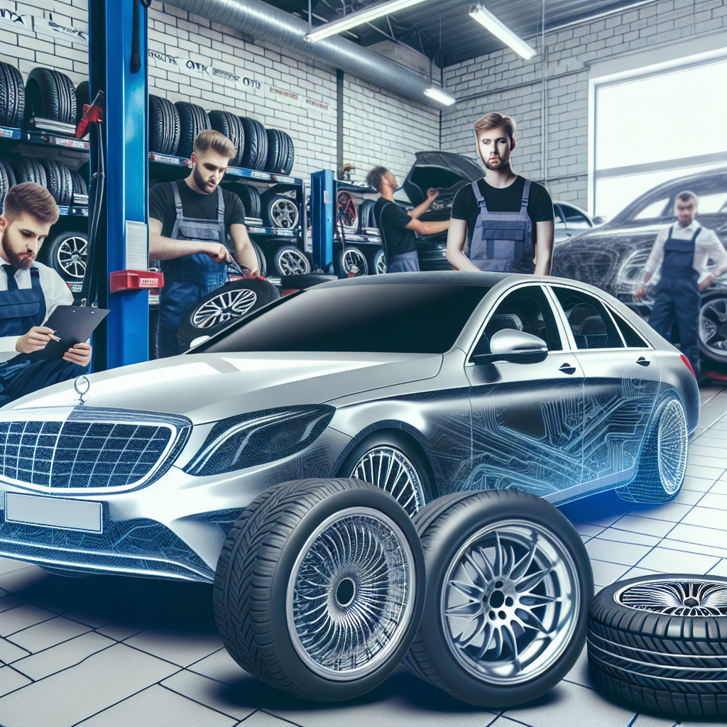 O imagine cu diverse modele de anvelope Onyx expuse in atelier auto, pe fundal cu mecanici care lucreaza la o masina, avand aspect de foto, iar toti oamenii avand un tip european de aspect.