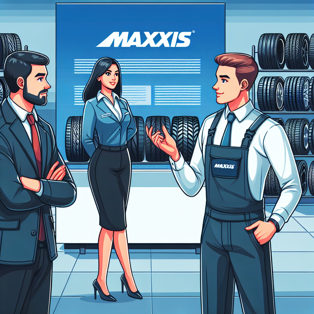 Imagine care arata angajatii service-ului auto Casa Auto, consultand clientii in legatura cu alegerea anvelopelor Maxxis, intr-o atmosfera de profesionalism si amabilitate, pe fundalul unui stand cu diverse modele de anvelope.