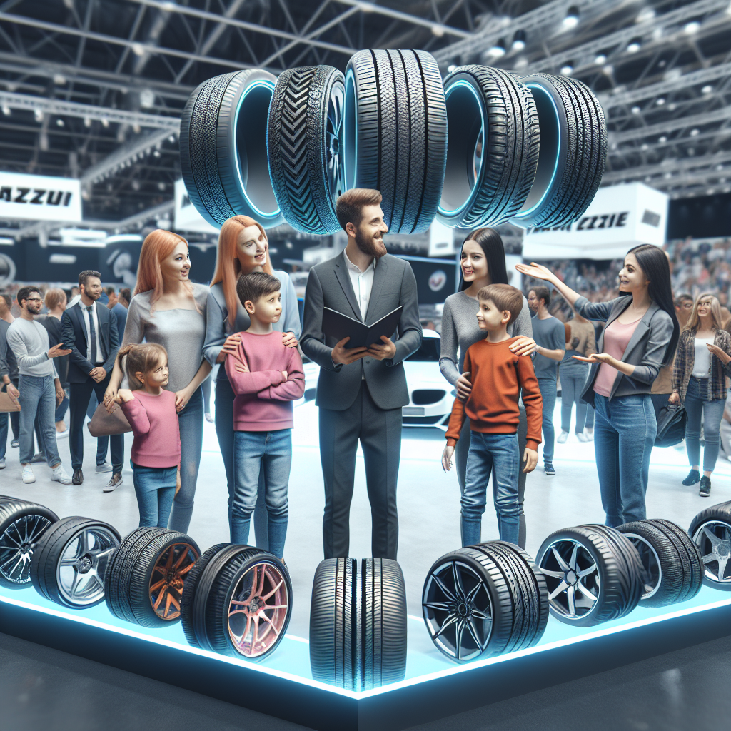 Imagine cu diferite modele de anvelope Mazzini expuse la un salon auto. Anvelopele sunt stralucitoare si atragatoare, iar in fundal se afla multi oameni, inclusiv o familie si un cuplu tanar, care discuta despre alegerile lor. Oamenii arata ca sunt de tip european.