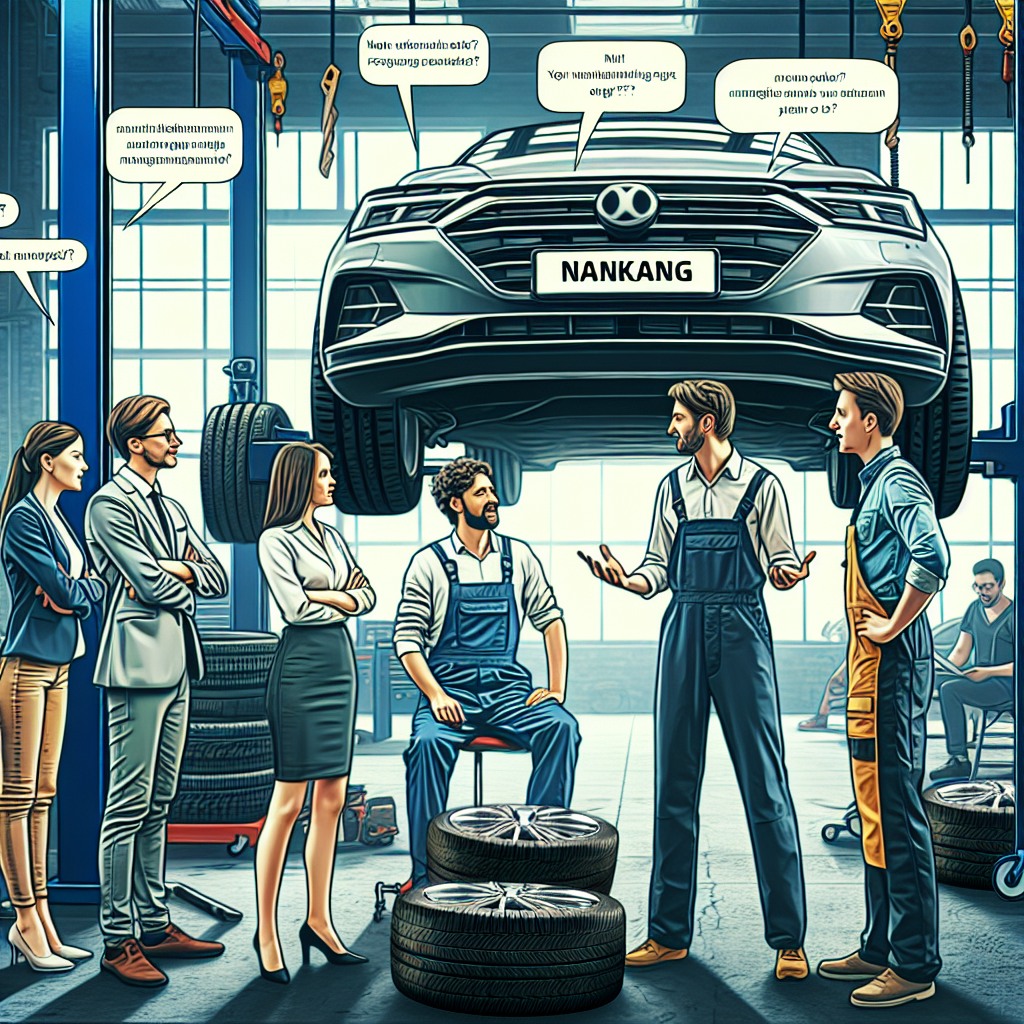 Imagine cu anvelopele Nankang montate pe o masina intr-un service auto, cu clienti europeni, barbati si femei, discutand despre instalarea anvelopelor cu un mecanic.